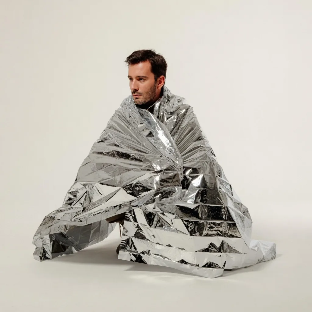Persona envuelta en manta térmica de emergencia Mylar